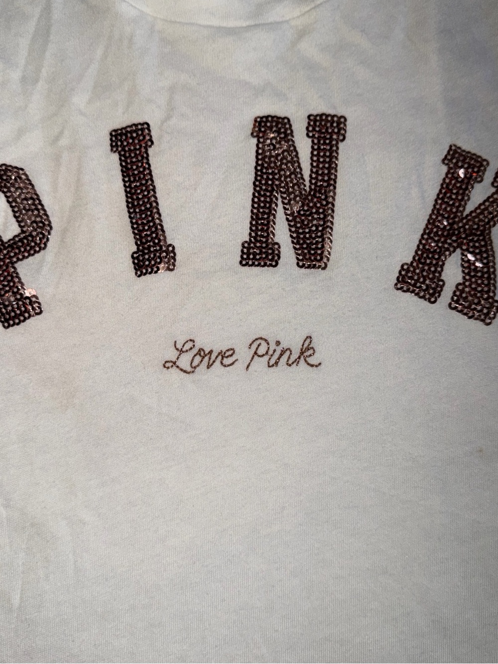 Victoria's Secret PINK Sequin Logo Tee in white with Rose Gold